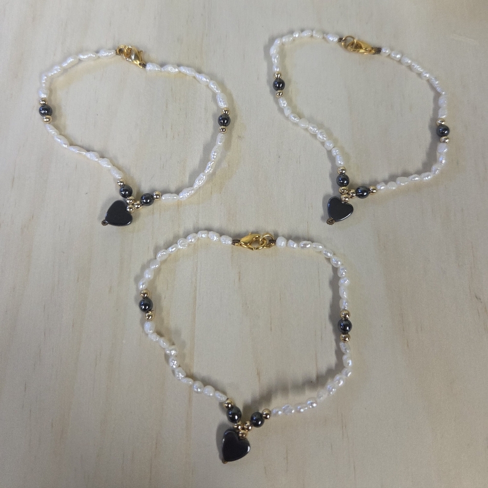 Pearl and Hematite Heart Bracelet Set of 3